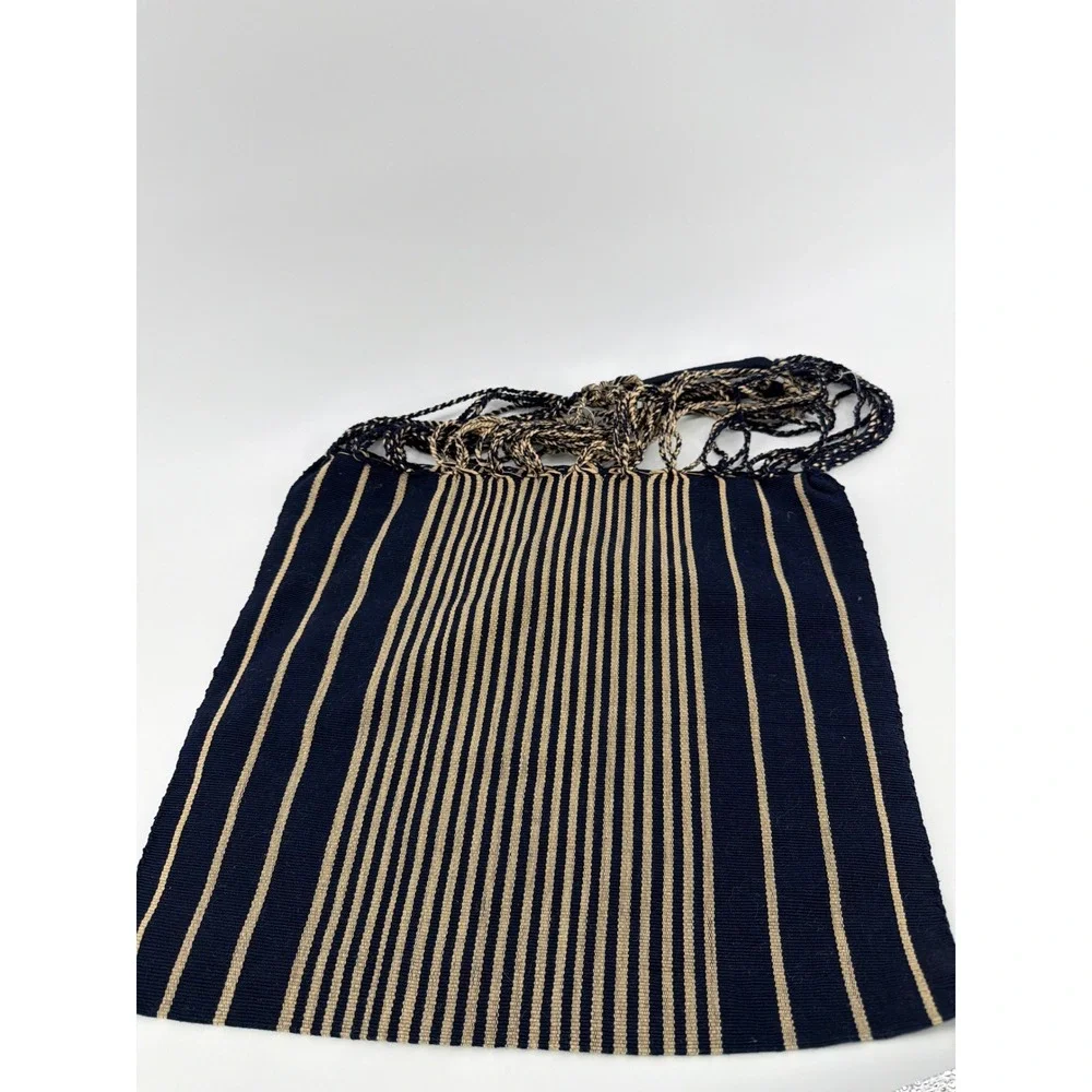 Handmade Woven Navy Blue Gold Color Striped Tote Bag Braided Handles Boho Market
